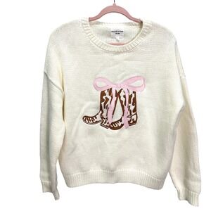 Willow & Wind Cowgirl Coquette Cotton Blend Embroidered Sweater Boots Bow Large